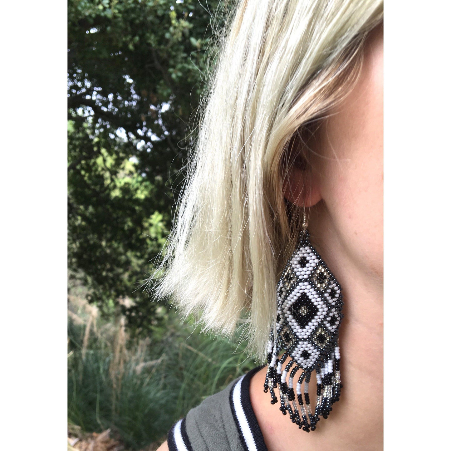 Flor Geometric Seed Bead Boho Fringe Earrings - Guatemala