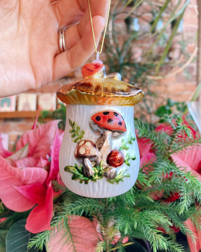 Retro Mushroom Cookie Jar Glass Ornament