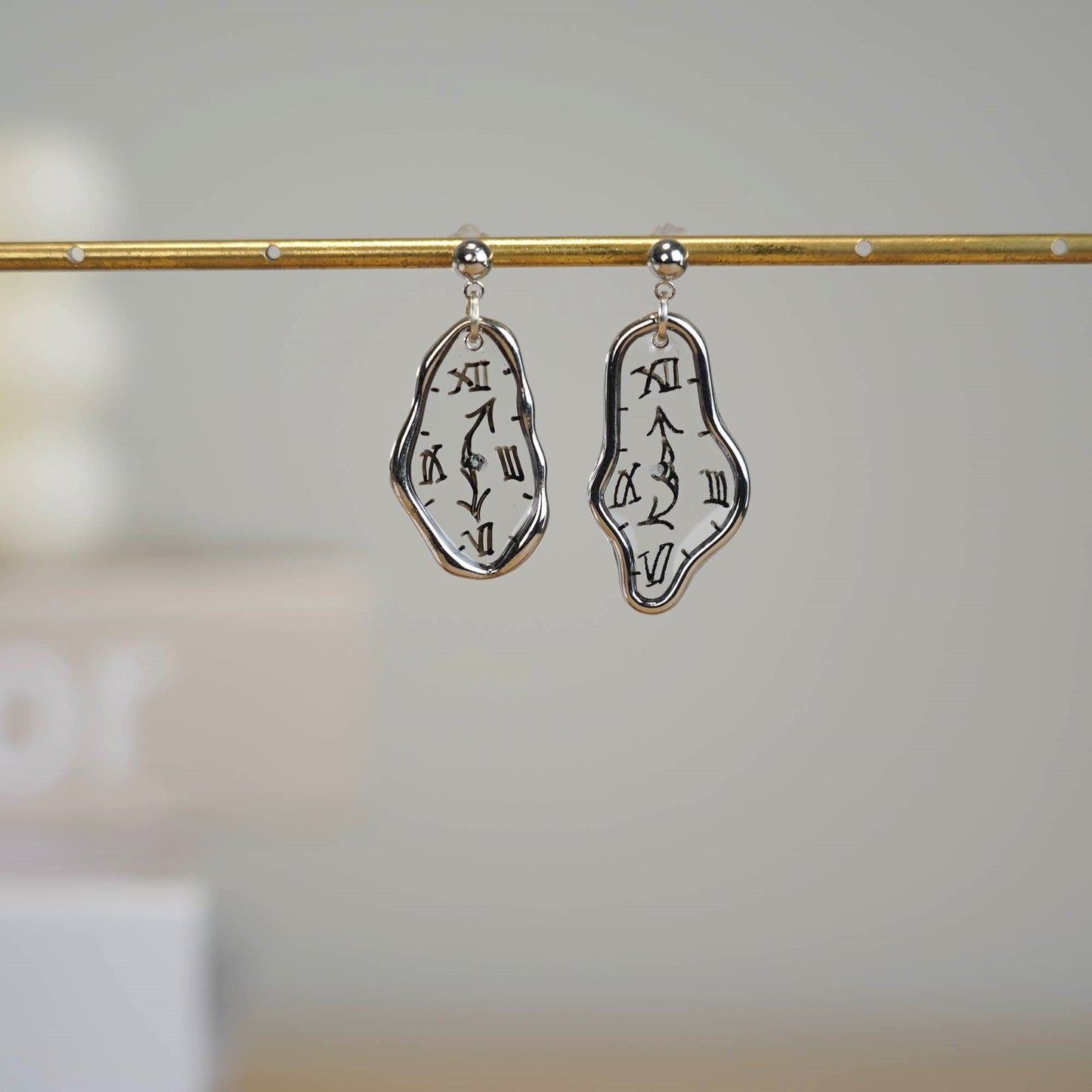 Melting Dali Clock Earrings |Hand-painted Gold and Silver Dali's Soft Watches | Resin Modern Art Earrings