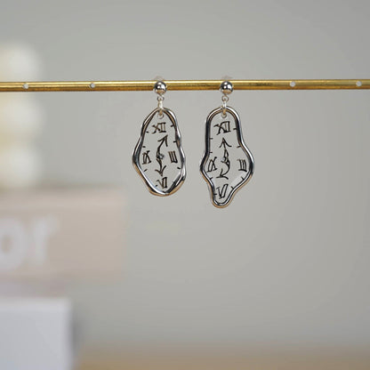 Melting Dali Clock Earrings |Hand-painted Gold and Silver Dali's Soft Watches | Resin Modern Art Earrings