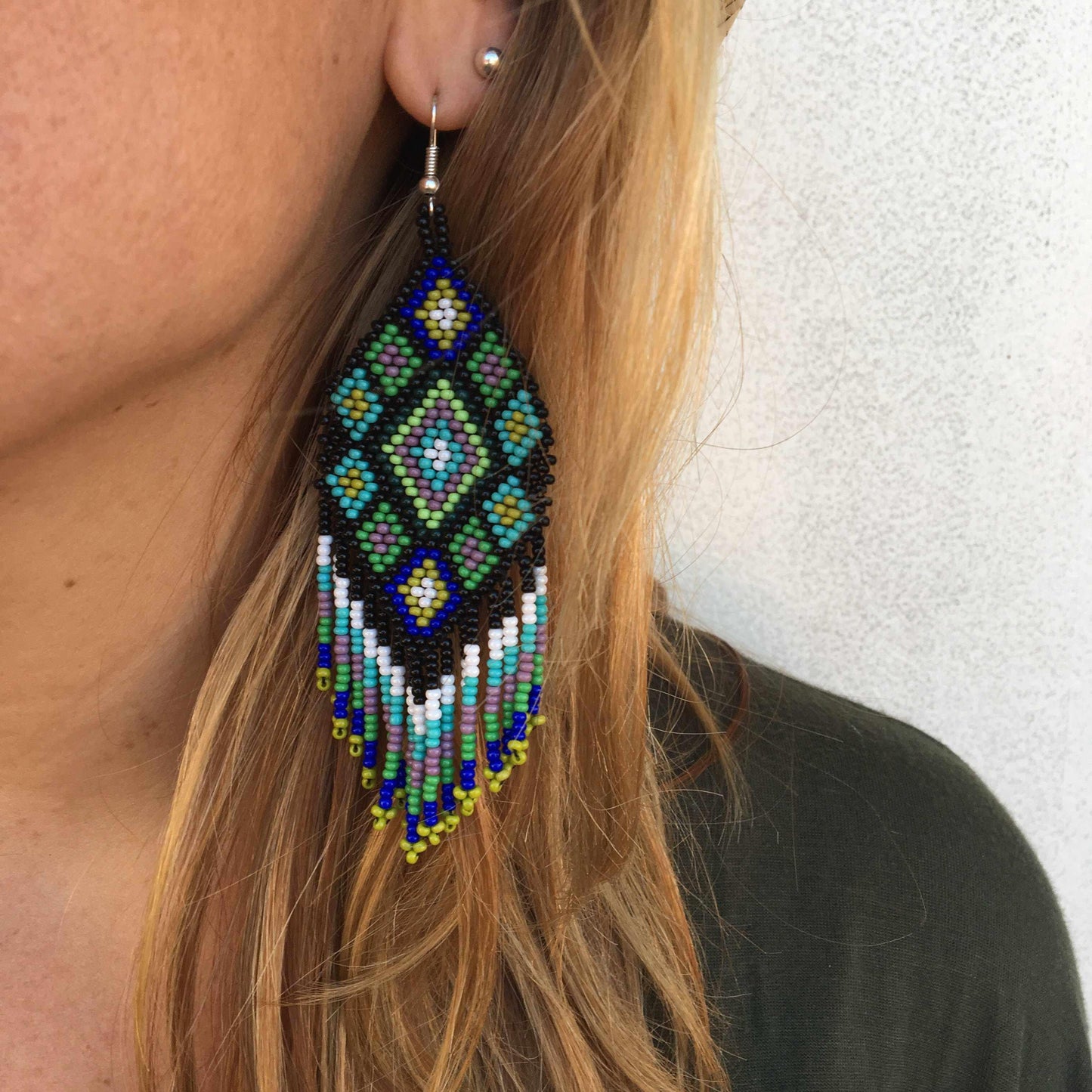 Flor Geometric Seed Bead Boho Fringe Earrings - Guatemala