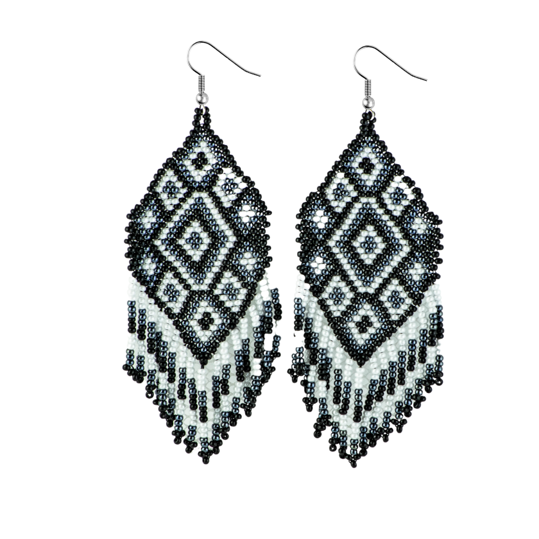 Flor Geometric Seed Bead Boho Fringe Earrings - Guatemala