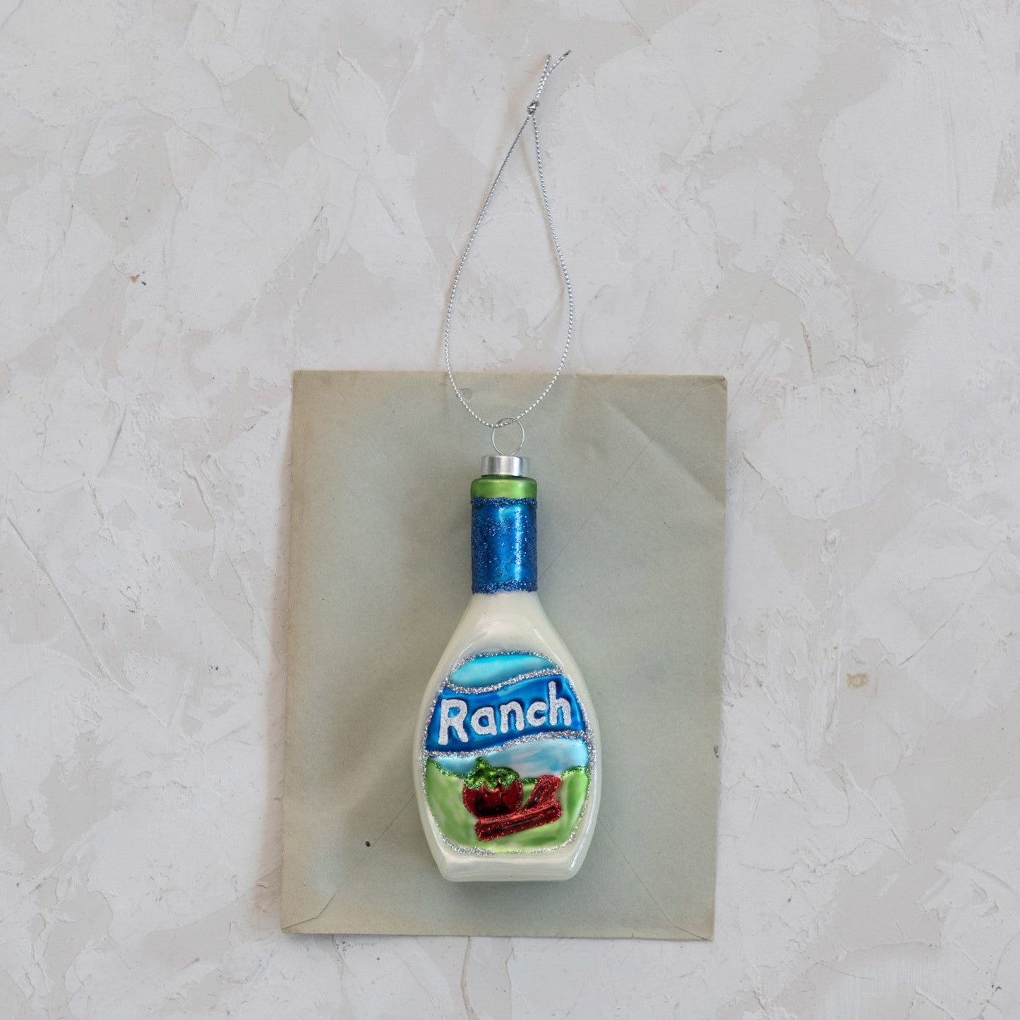 Hand-Painted Glass Ranch Dressing Bottle Ornament with Glitter