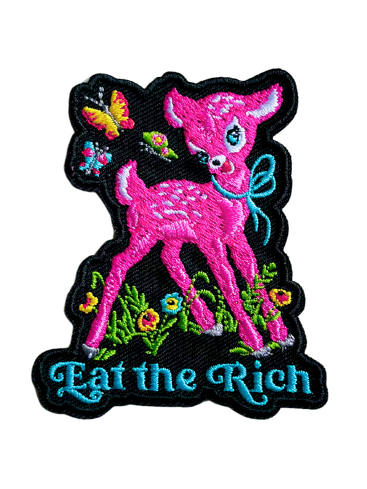 Eat the Rich” Pink Deer Patch – Anti-Capitalist Iron-On Embroidered Statement Patch