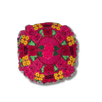 Up-cycled Moon Floral Huipil One-of-a-Kind Round Boho Pillow Cover - Guatemala