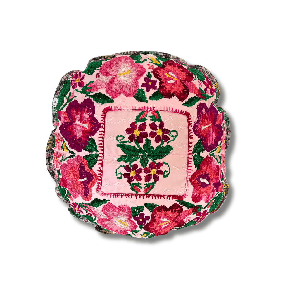 Up-cycled Moon Floral Huipil One-of-a-Kind Round Boho Pillow Cover - Guatemala