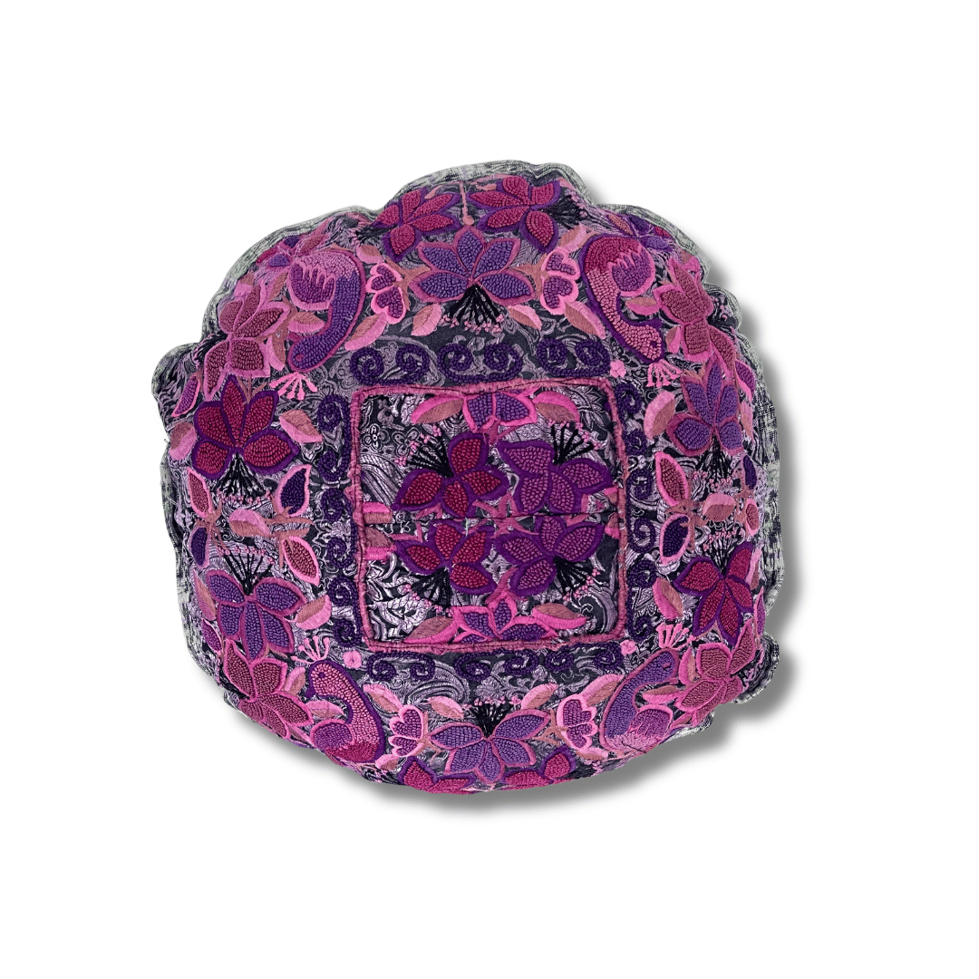 Up-cycled Moon Floral Huipil One-of-a-Kind Round Boho Pillow Cover - Guatemala