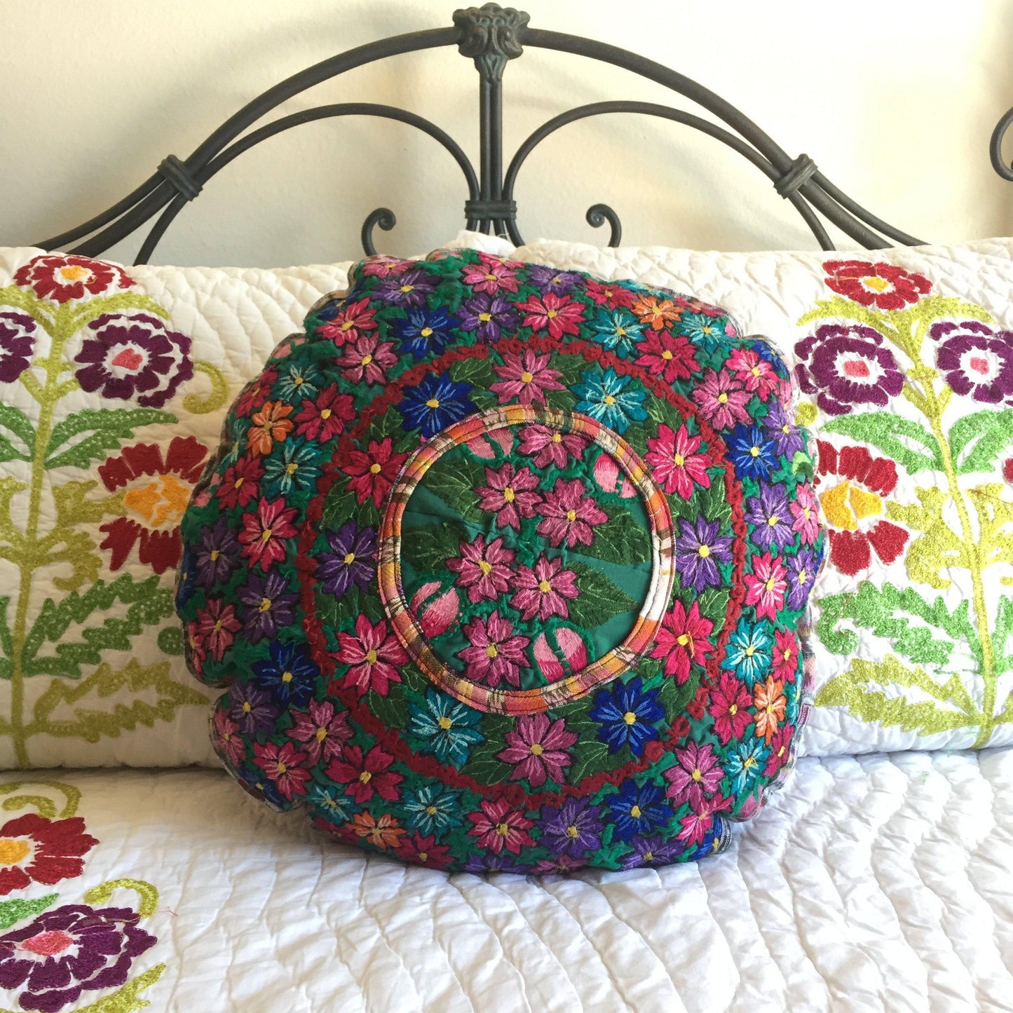 Up-cycled Moon Floral Huipil One-of-a-Kind Round Boho Pillow Cover - Guatemala