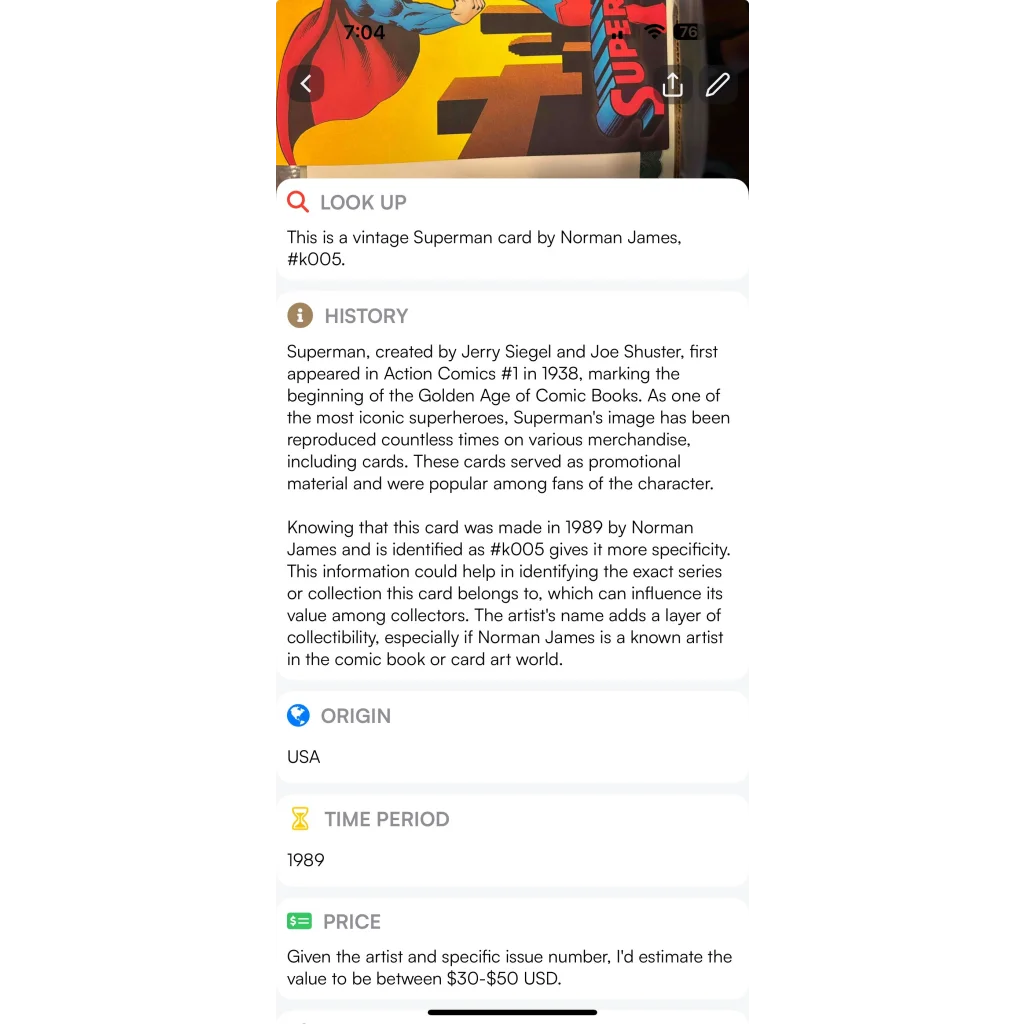 Vintage Large Superman DC Comics Collectible Card Print 1989